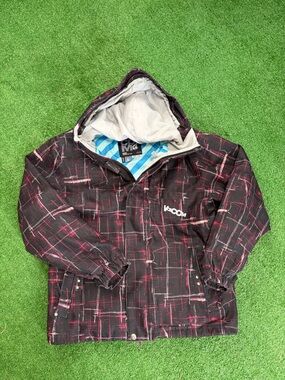 Volcom Black Jacket with Pink Grid Accent - Hooded Puffer